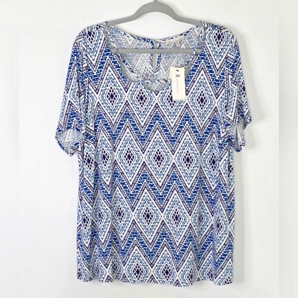 Skies Are Blue Short Sleeve Top Cut-Out Jewel Neck Blue/White Size 1X